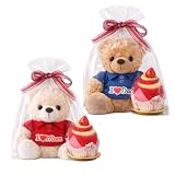 【Sai彩】ラッピング済み くま ぬいぐるみ ＆ タオルケーキ 2点セット ギフト 父 母 プレゼント 誕生日 クリスマス 敬老の日 還暦祝い ありがとう メッセージ I♡Mom I♡Dad 選べるカラー（ホワイト/ブラウン/お得2点セット） (ホワイト(mom))