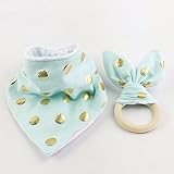 Mamimami Home ベビー ビブ 三角 よだれかけ 100% コットン + おしゃぶり 木製リング ウサギの耳 よだれかけ サイズ調整可能 2枚/ゼント
