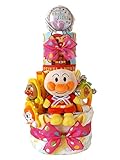 おむつケーキ アンパンマン 新生児肌着セット＆ベビーグッズ付き 女の子 3段 (パンパース新生児)