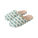 男女のカップルの格子のふかふか綿のスリッパ (40-41, グリーン)