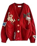 [HoneyOne] ローズレッド カーディガン セーター オーバーサイズ 秋冬 オルチャンファッション 刺繍 (ローズレッド)