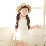 子供　女の子　セットアップ　シフォン　レース　ブラウス　半袖　半ズボン　リボン　ラブリー　ガーリー　キュート　かぼちゃパンツ (120, ホワイト)