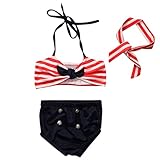 MIOIM ベビー服 上下3点セット キッズ ホルターネック タンクトップ パンツ ヘアバンド セットアップ ボディスーツ 海軍風 水玉 船錨柄 女の子 ビーチ 水着