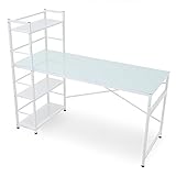 デスク パソコンデスク 収納ラック付 左右対応 角丸天板 ワイド 幅140cm ガラス天板 ホワイト