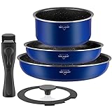 SKY LIGHT フライパン鍋 5点セット ih ガス 対応 取っ手のとれる 着脱式ハンドル シリコーンガラスカバー 蓋付き 軽量 マーブ