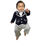 オールインワン ブレザー エンブレム スーツ フォーマル ●紺靴下付●≪子供服 結婚式 七五三 記念日 誕生日 ハーフバースデー 入園 卒園に (上半身ネイビー(紺, 90cm(日本サイズ90-95c