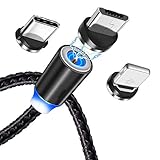 For マグネット充電ケーブル iPhone/Android/Type-Cケーブル3in1急速充電ケーブル LEDライト付き 360度回転