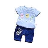 夏Ｔシャツ+パンツ 女の子の服 男女兼用 2セット Pojour 1-6歳キッズ用 子供かわいいバルーンＴシャツ 綿 通気 ブルー(100cm)