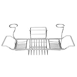 freebilyステンレススチールover Bath TubラックシャワーオーガナイザーBathtub Caddyトレイwith Extending Sidesグリップリムーバブルワイングラスホルダー