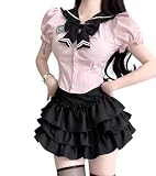 [AOTYP] 地雷系 かわいい 学院風 3点セット ブラウス スカート ミニ レディース ロリータ 上下セットアップ 半袖 パフスリーブ Aライン ギャル 普段着 お嬢様 ハロウィン 仮装 パーティー ブラックS
