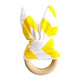 Wooden Teething Ring With Minky Fabric Bunny Ears | Yellow & White Chevron by Ayah Baby