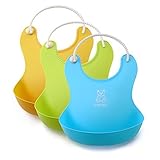 Lizber Waterproof Baby Bibs Food Catcher 3 PCS (Blue, Yellow, Green) Roll - up Deep Pocket Soft Adju