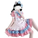 [SEGEHA] メイド服 コスプレ 半袖 ピンク ライトブルー パステル ゴスロリ エプロン 猫 肉球 リボン カチューシャ 風船2個セット (XL)