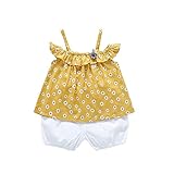 ベイビー服 女の子 Pojourノースリーブトップス Ｔシャツ+パンツ ガールズかわいい花 子供ギフト 通気 綿 100cm 黄色