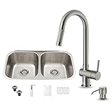 Vigo 32インチアンダーマウント50 / 50ダブルボウル18ゲージステンレススチールwith Gramercyステンレススチールキッチンシンク蛇口、2つグリッド、2つStrainersとソープデ