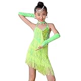 女児 ラテンダンス 練習 演出服 社交ダンス衣装 フリンジ スパンコール コスチューム ラテンダンス衣装 ドレス ネックレス アームカバー 3点セット (140, グリーン)