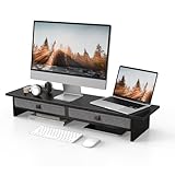 Fenge モニター台 卓上 パソコン台 デスクシェルフ モニタースタンド 2段 木製 幅90cm 引き出し付き