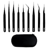 EletecPro　精密 ESD ピンセット 静電防止ステンレス 極細 　ツイーザー エクステツイーザー 　防磁 耐酸　収納バッグ付き　9本セット