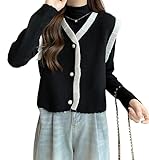 [SADALLXP] ニットベスト レディース 前開き ゆったり vネック チョッキ ベスト カーディガン ノースリーブ ゲーブル編み カーディガンベスト ット セーター 袖なし カジュアル 着痩せ (ブラック)