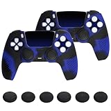 PlayVital ps5コントローラー対応用保護カバー、改良型シリコンカバー充電ステーションに対応、サムグリップキャップ12個やステッカー4枚付属、3Dスタッド加工、グリップ付き滑り止めや耐衝撃コントローラーグリップカバー【ブルー＆ブラック】2セット
