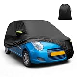 X AUTOHAUX 【スズキに対応アルト/Alto専用】355x148 x143cm 軽自動車カバー 撥水性 【台風対策】アルミフィルム スパンレース綿 防風ロープ付き 梅雨対策 防炎 防塵 雪/強風/黄砂対策 凍結防止カバー 雹対策 運転席側にファスナー 夜間安全警告 耐久性 着脱気軽 車 保護カバー 収納袋が付属 ブラック
