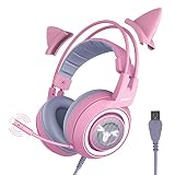 SOMIC G951-PINK ゲーミングヘッドセット ヘッドセット 可愛いヘッドホン ゲーム用 ヘッドフォン ヘッドホン イヤホン マイク付き 高音質 軽量 耐久 サラウンド 7.1ch 猫耳 有線 LEDライト/USBポート搭載 PC対応 ピンク