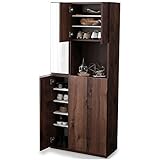 LOWYA （ロウヤ） シューズボックス 靴箱 国産 洗える 可動棚 脱臭ボード アンティーク風 木目調 ミラー付 大川産 キャビネット 収納 ハイタイプ 幅75cm ブラウン おしゃれ 新生活