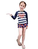 Cuteshower 子供水着 ボーダー柄 長袖 セパレート水着 女の子 3点セット ブルー 14T