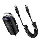 シガーソケット 急速充電器 Type-C 2ポート 30W+60W USB C ケーブル 1.2m コイル型 伸びる PD&QC3.0対応/USB-A&USB-C/12V-24V Hootek カーチャージャー タイプC ケーブル 車 充電器 シガーソケット iPhone 17/16/15、Galaxy S26、iPad Pro/Air/Mini、Android/IQOS対応(ブラック)