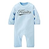 名入れ 長袖 ロンパース [LR191] 80cm ライトブルー×ダークグレーロゴ 出産祝い 誕生日 プレゼント おしゃれな 名前入り ベビー服