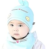新生児 帽子 ビーニーハット 赤ちゃん キュート帽子 耳の形帽子 帽子+スタイ 2点セット 出産祝い 新生児 キッズ ブルー