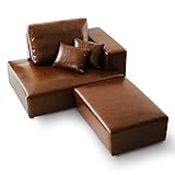 LOWYA （ロウヤ） ソファ カウチソファ 2人掛け 天然木脚 レイアウト自在 オットマン付き コンパクトサイズ レザー ブラウン おしゃれ 新生活