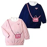 (ネイビー/110cm)子供服 女の子 チュニック 長袖 裏起毛 重ね着風 ハイネック バッグ風 ロゴプリント 女児 キッズ