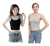 [優億] ２枚セット キャミソール ショート丈 タンクトップ レディース へそ出し コットン インナー ノースリーブ ダンス スポーツ トップス 無地 シンプル ブラック ホワイト 白 黒 (ショート丈 キャミソール 黒 & 灰(2枚セット))