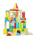 クラシック80ピースWooden ABC / 123 Stacking and Building Blocks Set with Carryingコンテナ – Hardwoodブロックfor Todd