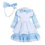 [§Ｃｏｓ　Ｒ　ｕ　Ｒ　ｕ] メイド服 子供用 コスプレ コスチューム 仮装 衣装 長袖 可愛い ワンピース エプロン カチューシャ 文化祭 学園祭 ハロウイン キッズ 女の子 メイド 変装 6点セット (L（身長120-140cm）)