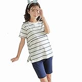 Spinas（スピナス） マタニティ 夏用 パジャマセット ボーダー 授乳口付 半袖 短パン（L,ブルー）