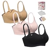 iLoveSIA (アイラブシア) マタニティブラジャー 前開き 授乳ブラ ノンワイヤーハーフトップ 3枚セット 黒+ピンク+ベージュ L