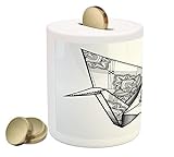 アートコインボックスBank by lunarable、Origamiスタイルクレーン鳥デザインHand Drawn Monochrome Far East Asia伝承モチーフ、印刷セラミックコイン