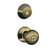 Dexter by Schlage jc60 V STR 609セキュリティ設定Single円柱デッドボルト、キー設定j54エントリStratusノブ、アンティーク真鍮仕上げ