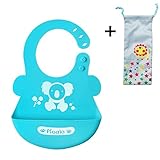 食事用スタイ エプロン ビブ 食品級シリコン ベビー 赤ちゃん キッズ ポケット付き 防水 漏れ防止 水洗い可 折り畳み ３段階に調整できる 収納袋付き (ブルー)