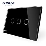 LivoloブラックUS標準3ギャング1 Wayスイッチwith Luxury強化ガラスパネルLEDインジケータAC 110 – 220 V、 – c903 – 12