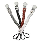 おしゃぶりホルダークリップ 安全で無毒なステンレスと純本革の製品 （4個入り） Leather Stainless Steel Pacifier Clips