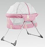 (ヘラサ)Herasa　ベビーベッド　折りたたみ　ミニベッド　旅行ベッド　オシャレ　ポータブル　収納袋付き　コンパクト　軽量　通気性良い「適用月齢：0～6ヶ月」 (ピンク)