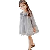 S&T　チュールワンピース　子供服　女の子　レース　丸襟　長袖　膝上丈　春秋　ふわふわ　可愛い　グレー　140