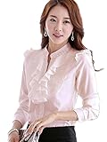 【Smile LaLa】 レディース 長袖 シフォン ブラウス オフィス カジュアル 通勤 清楚 フォーマル フリル シャツ エレガント (XL, ピンク)