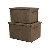 【メルカド かご収納雑貨の店】 フタ付き収納ケースL＆Mサイズ ペーパー製メッシュタイプ(ブラウン)