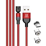 DAIAD USB A to Type-C マグネット式 充電ケーブル 1PIN 充電専用 着脱式 LED付き 防塵キャップ 首振り L字 360度回転 ナイロン編組 端子3個セット 3m (レッド)
