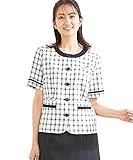 [ニッセン] 事務服 オフィス 制服 オーバー ブラウス 半袖 ノーカラー 接触冷感 吸汗速乾 消臭 夏 レディース 黒系チェック柄 S