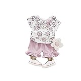 夏Ｔシャツ+パンツ 上下セット 女の子の服 Pojour 1-6歳キッズ用　子供かわいい花の服 綿 通気 パープル(90cm)